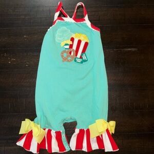 Vibrant Aqua and Red Kids Romper with Snack Design